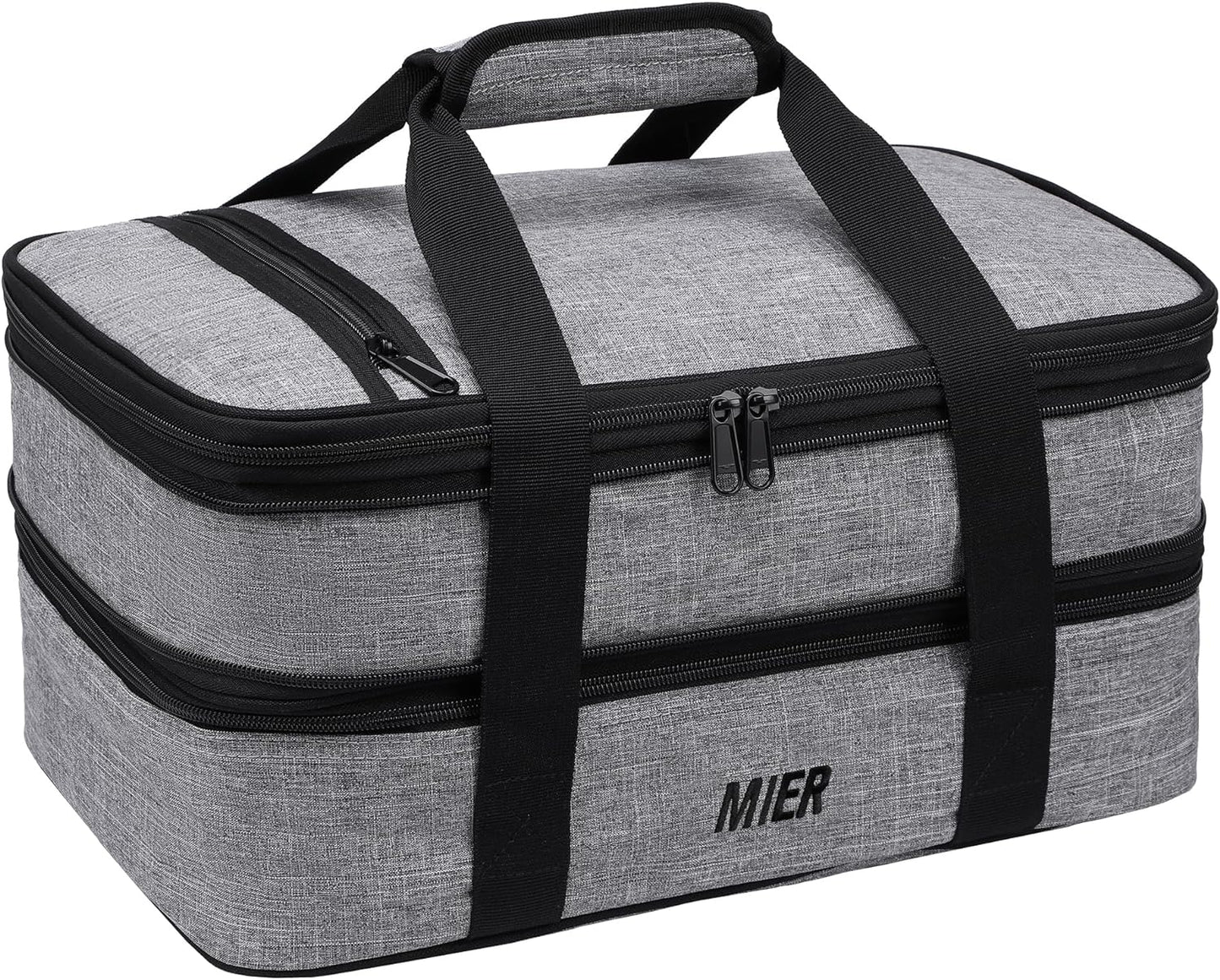 MIER Insulated Double Casserole Carrier Thermal Lunch Tote for Potluck Parties, Picnic, Beach, Fits 9 x 13 Inches Casserole Dish, Expandable by Mid Zipper, Gray