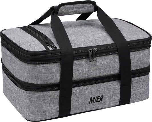 MIER Insulated Double Casserole Carrier Thermal Lunch Tote for Potluck Parties, Picnic, Beach, Fits 9 x 13 Inches Casserole Dish, Expandable by Mid Zipper, Gray