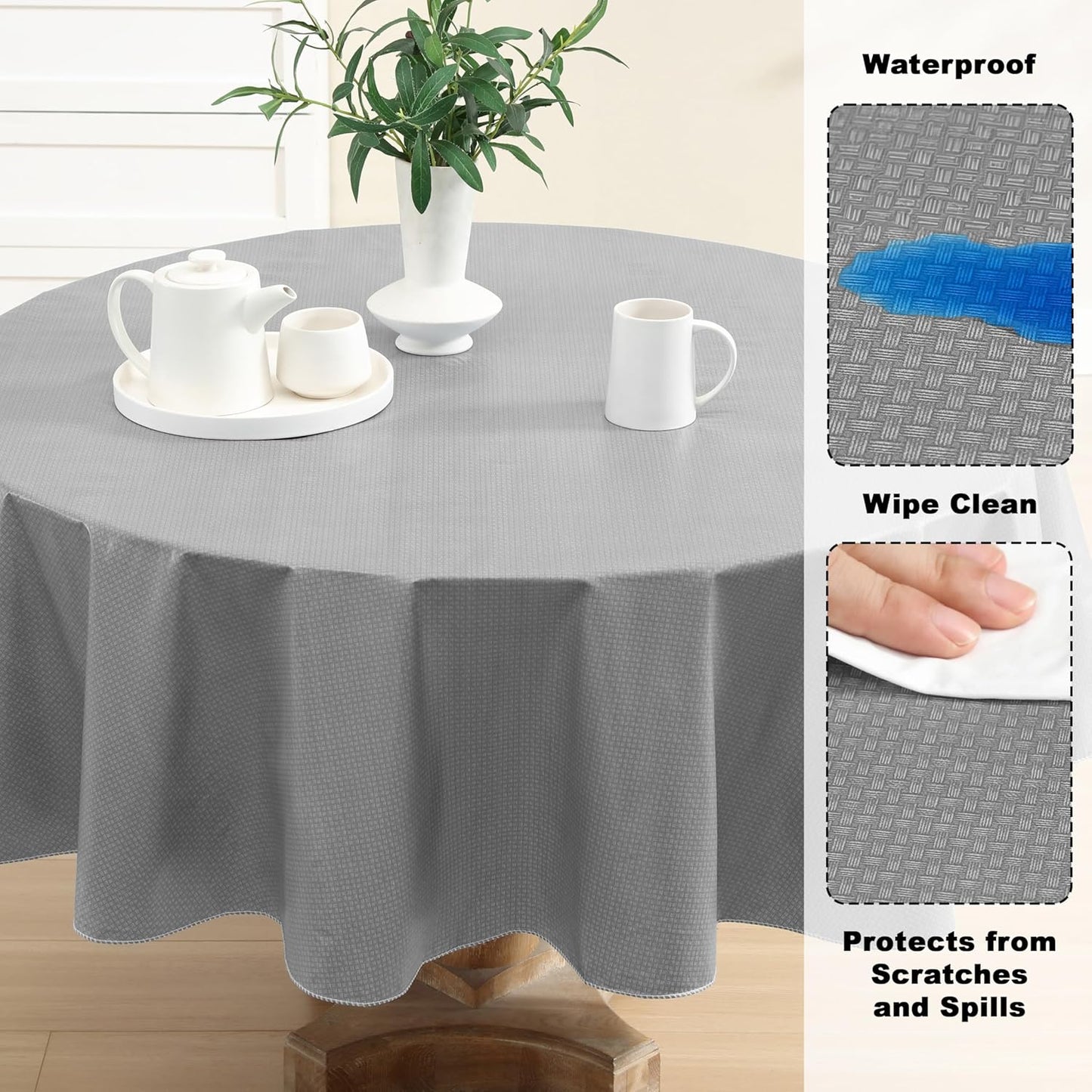 Newbridge Basketweave Vinyl Flannel Backed Tablecloth, 70 Inch Round, Grey, Basket Weave Textured Indoor Outdoor Waterproof Table Cover for Patio, Kitchen, Dining