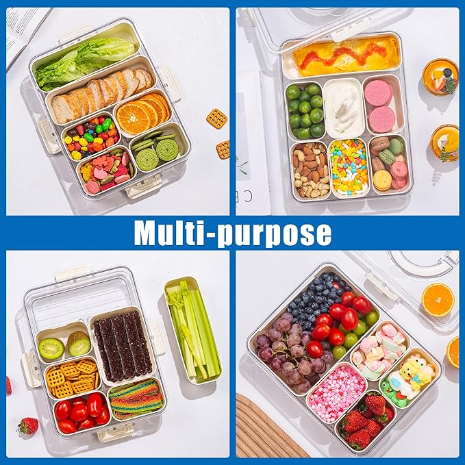 Bandesun Divided Serving Tray with Lid and Handle - Snackle Box Charcuterie Container for Portable Snack Platters - Perfect for Party, Entertaining - Clear Organizer for Candy, Fruits, Nuts, Snacks