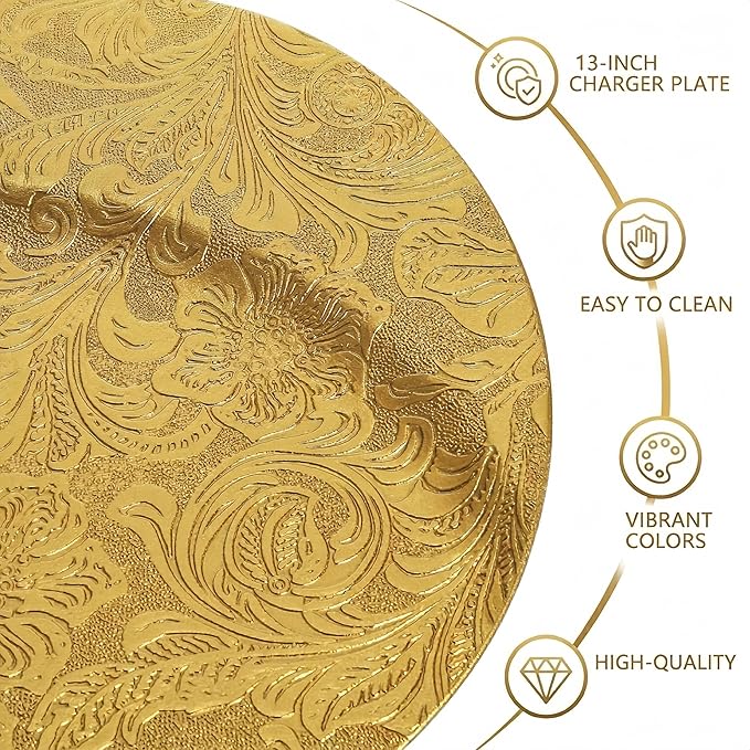 ZOOFOX 12 Pack Gold Charger Plates, 13" Plastic Round Antique Plate Chargers for Dinner Plates, Floral Charger Plates for Wedding Dinner Party Table Setting Decor