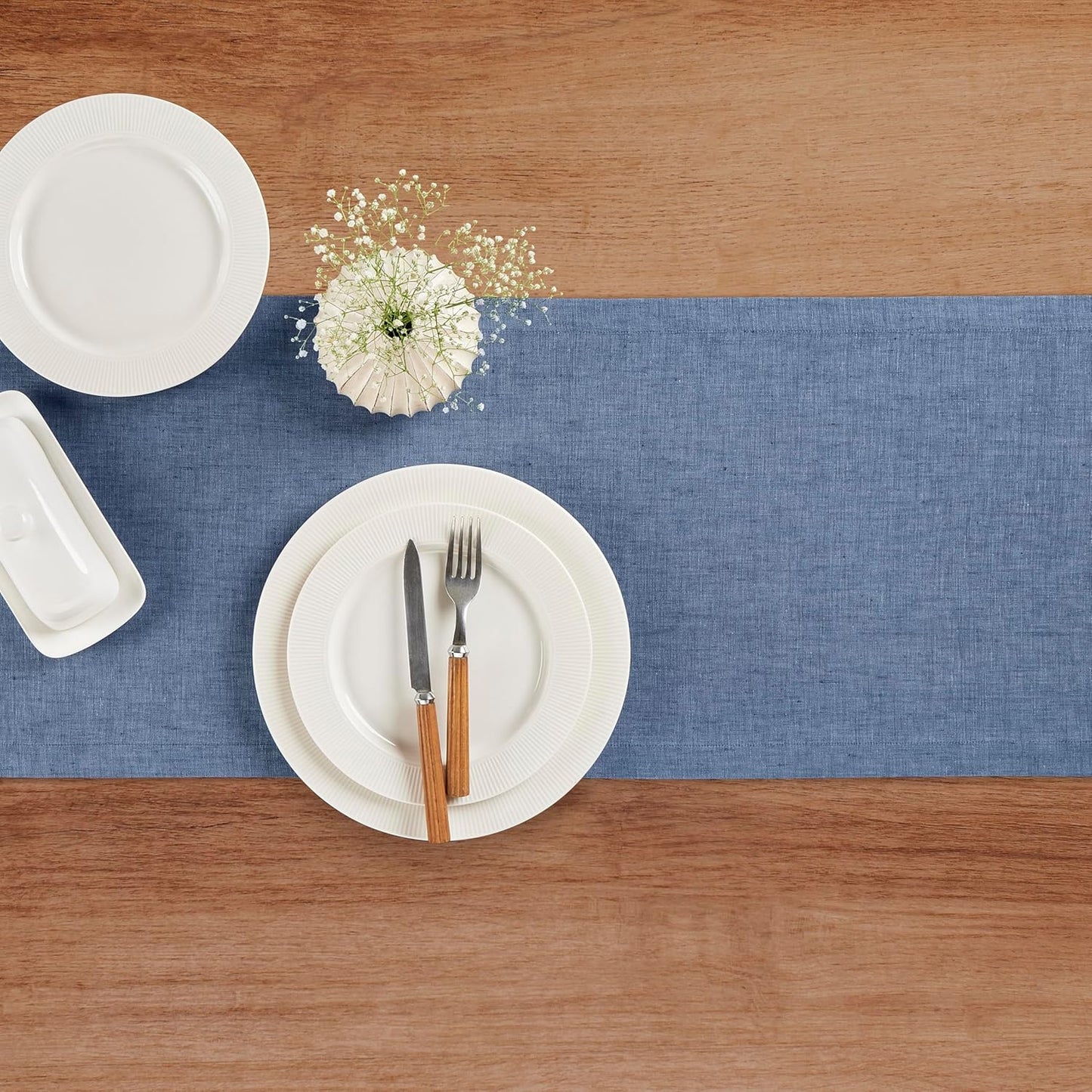 Solino Home Linen Table Runner 144 Inches Long - Athena, 100% Pure Linen Blue Denim Dining Table Runner 14 x 144 Inch for Christmas