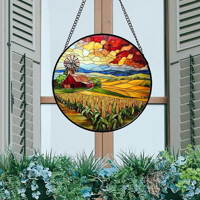 Stained Glass Window Hanging Autumn Farm Corn Harvest Landscape 7.8" - Suncatcher Garden Door Sun Catcher Home Decor Birthday Christmas for Woman Mom Friend Men Nana