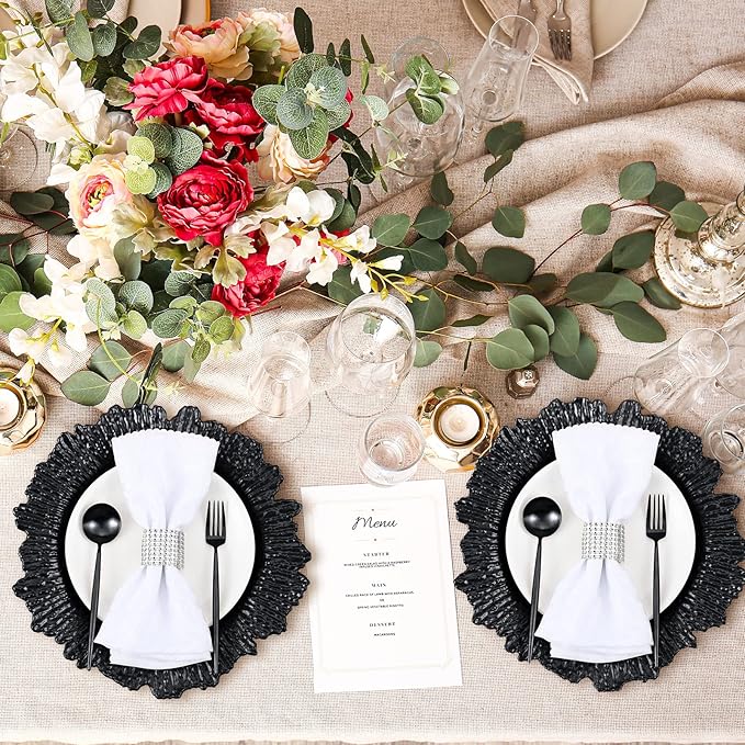 Tanlade 100 Pcs Reef Charger Plates Bulk 13 Inch Plastic Wedding Chargers Floral Decorative Plates with Metallic Ruffled Rim for Wedding Party, Holiday Event Supplies(Black)