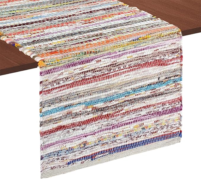 COTTON CRAFT Woven Chindi Table Runner - Handwoven Recycled Cotton Yarn Reversible Tablerunner - Boho Rustic Farmhouse - Everyday Spring Summer Kitchen Dining Table Runner - 13x72 inches - Multicolor