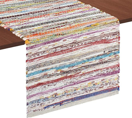 COTTON CRAFT Woven Chindi Table Runner - Handwoven Recycled Cotton Yarn Reversible Tablerunner - Boho Rustic Farmhouse - Everyday Spring Summer Kitchen Dining Table Runner - 13x72 inches - Multicolor