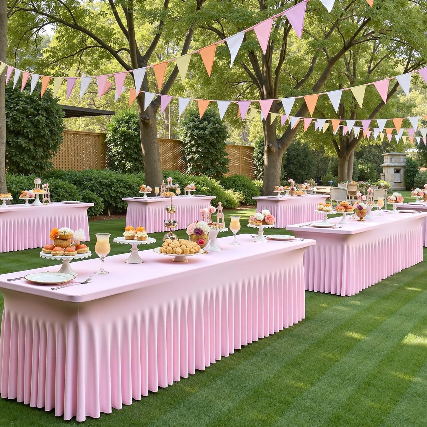 6 pk Baby Pink Spandex Tablecloth 8ft With Ruffled Table Skirt, Wrinkle Free Stretchy Fitted Tablecloths for 8 Foot Rectangle Tables, Elastic Spandex Table Covers for Weddings Parties Banquet
