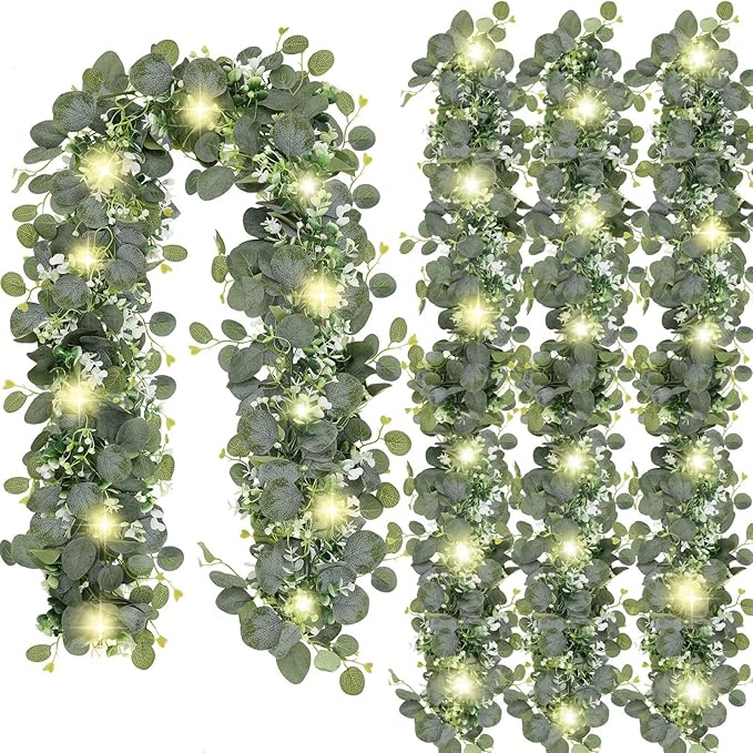 N&T NIETING 4 Pack Artificial Eucalyptus Garland with Lights, 6FT Artificial Greenery Garlands, Battery Operated Twig Vine for Room Stairs Mantle Wedding Holiday Easter Decoration Indoor Outdoor