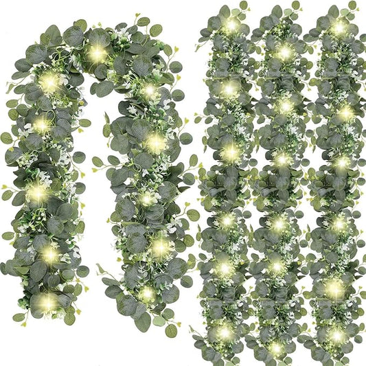 N&T NIETING 4 Pack Artificial Eucalyptus Garland with Lights, 6FT Artificial Greenery Garlands, Battery Operated Twig Vine for Room Stairs Mantle Wedding Holiday Easter Decoration Indoor Outdoor