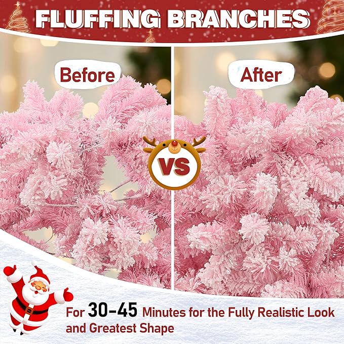 MUPATER 6ft Snow Flocked Christmas Tree Pre-lit, Pink Christmas Flocked Tree with Lights, Artificial Holiday Christmas Tree with Stand for Home Decoration