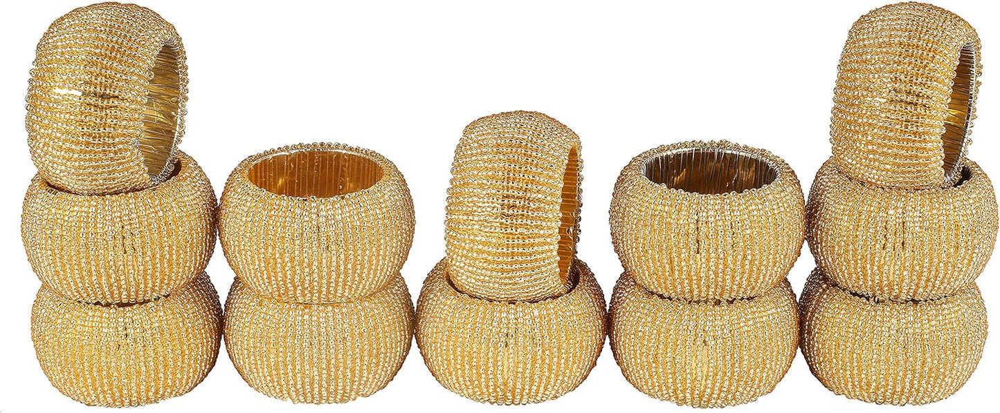 Handmade Beaded Napkin Rings Set of 6 - Gold Napkin Holders, 2.5-Inch Elegant Table Décor, Handcrafted by Skilled Artisans - Perfect for Weddings, Parties & Everyday Dining