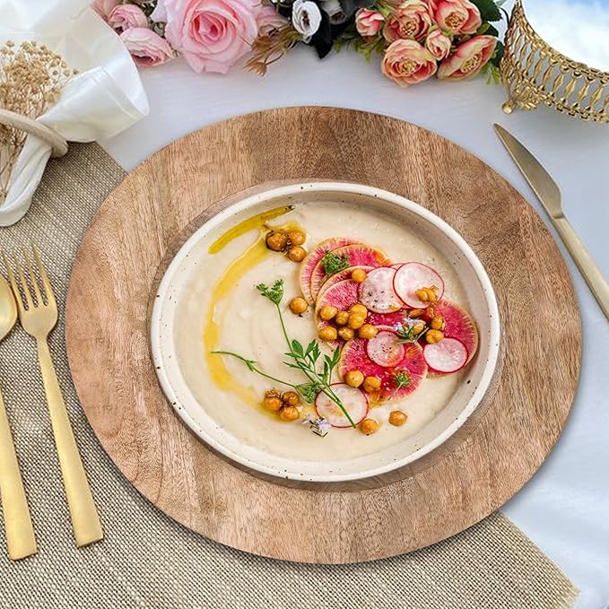 Lightnpro Natural Wood Dinner Plates - Wooden Round Charcuterie Boards, Serving Platters for Food, Cheese Tray, Dessert Salad Plate, Wood Charger Plates - Set of 2, 13 Inch