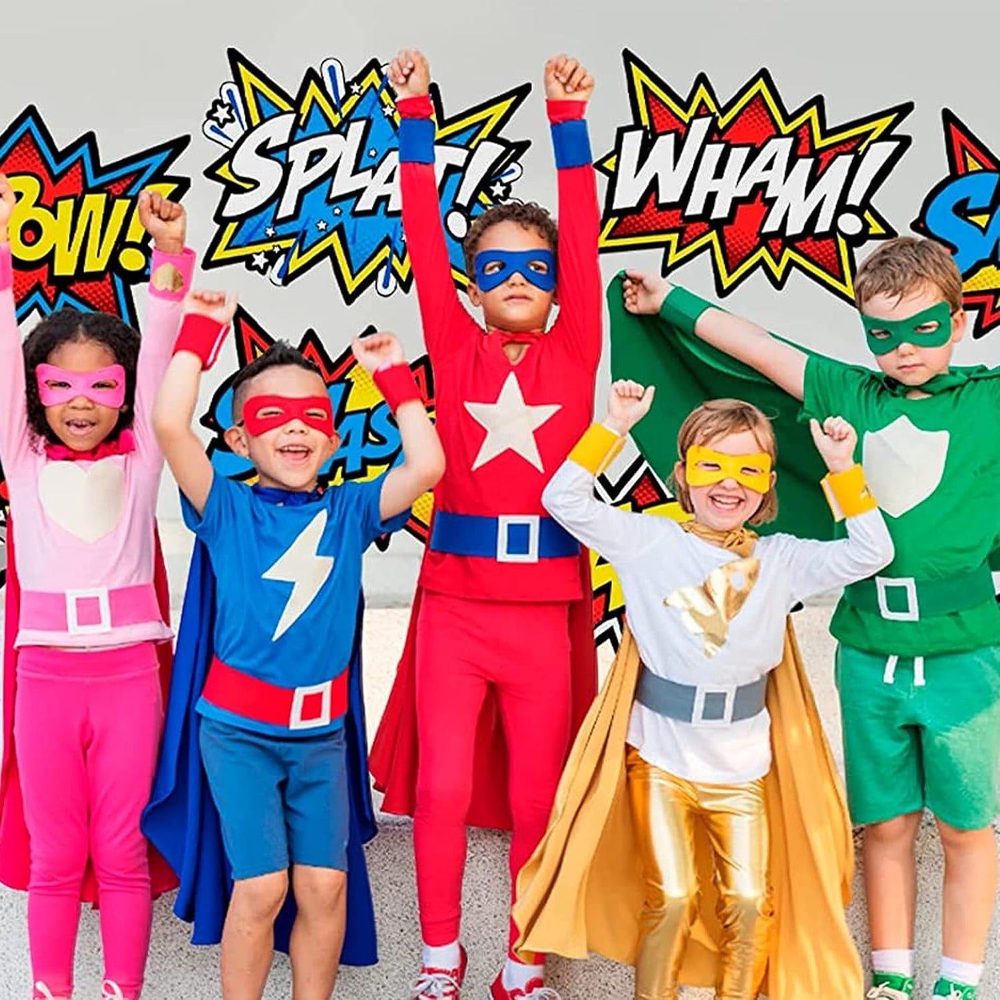 Bigtime Signs 12 Pieces Super Hero Stickers - Superhero Party Decorations for Birthday - Superhero Themed Party Favors - 12"x16" Sound Effect Signs for Kids - Boom Pow Sign and Decorations
