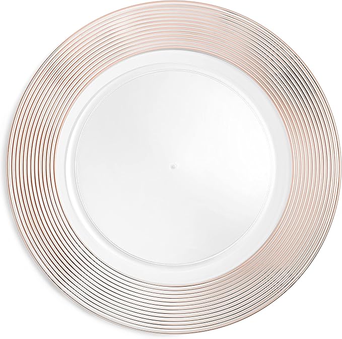 Rose Gold Charger Plates 13” (Set of 6) Dinner Service Plates for Parties, Weddings, Thanksgiving, New Year’s Eve Celebrations, Clear Plastic Disposable, Reusable Chargers, Dinner Plates