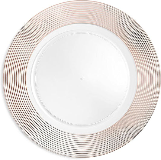 Rose Gold Charger Plates 13” (Set of 6) Dinner Service Plates for Parties, Weddings, Thanksgiving, New Year’s Eve Celebrations, Clear Plastic Disposable, Reusable Chargers, Dinner Plates