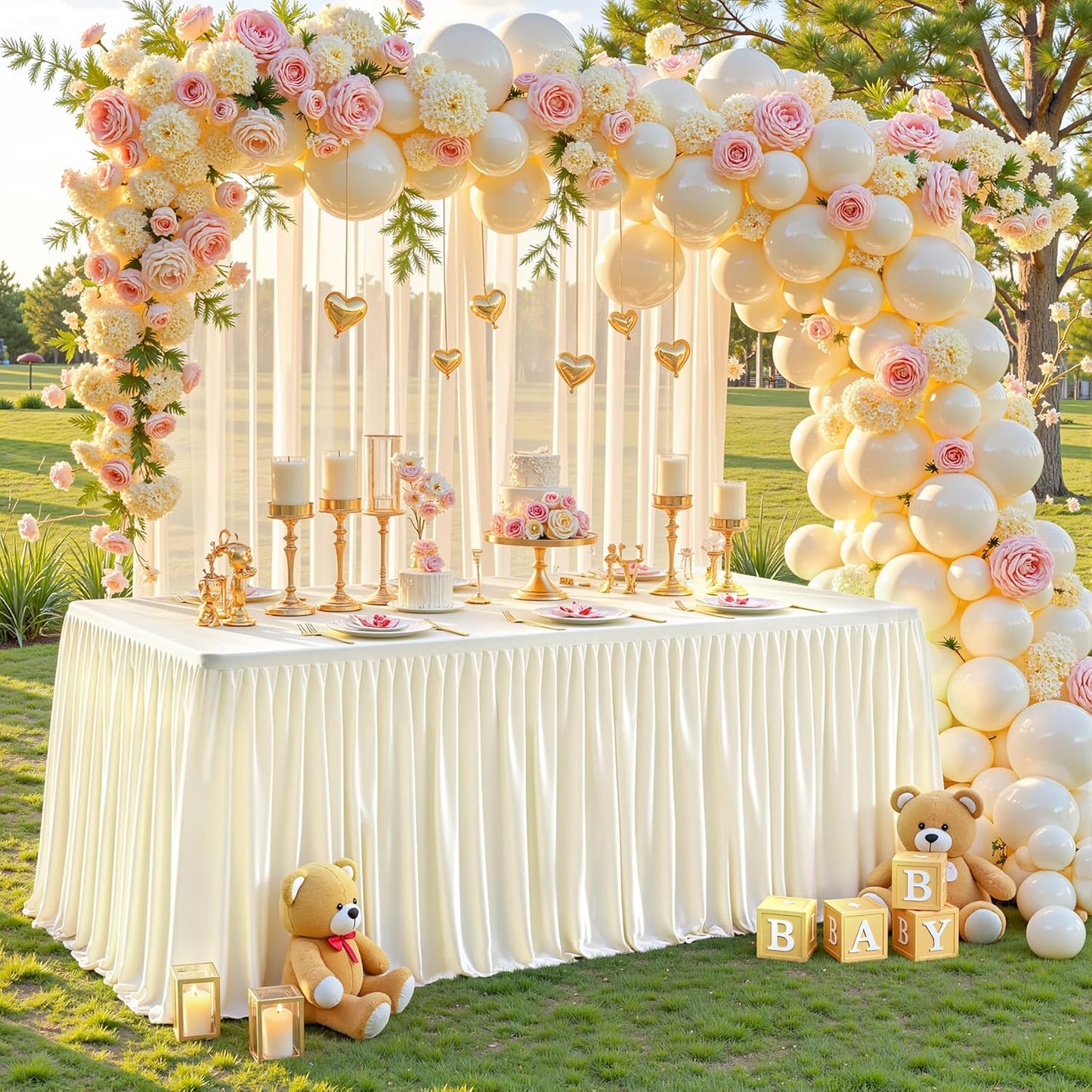 Cream White Table Clothes for Rectangle Tables 6ft, Wrinkle Resistant Fitted Table Cloth with Pleated Ruffle Skirts for Banquet Wedding Baby Shower Folding Tables