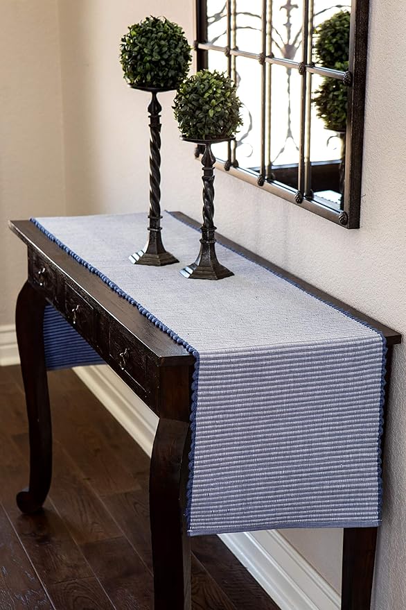 Sticky Toffee Cotton Table Runner 14x72 in – Blue Woven Ribbed Farmhouse Boho Décor for Kitchen or Dining Table, Oeko-Tex Cotton