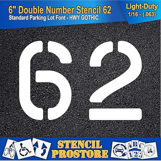 Pavement, Curb, and WheelStop Stencils - 6 inch Double Number Stencil - (62) - 6" x 9" x 1/16" (63 mil) - Light-Duty