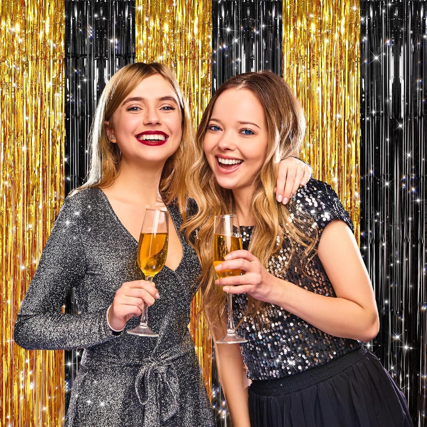 2 Pack Black Gold Metallic Tinsel Foil Fringe Curtains, Door Streamers Photo Booth Backdrop for Birthday Party, Tinsel Curtain Backdrop for Baby Shower Bachelorette Christmas Party Decorations