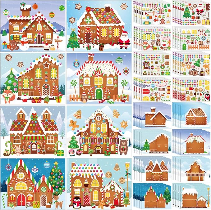 Frienda 96 PCS Christmas Gingerbread House Stickers Kit Winter Make a Gingerbread House Stickers Bulk 48 Set DIY Arts Crafts for Xmas Decoration Christmas Party Favors Home Game Activities