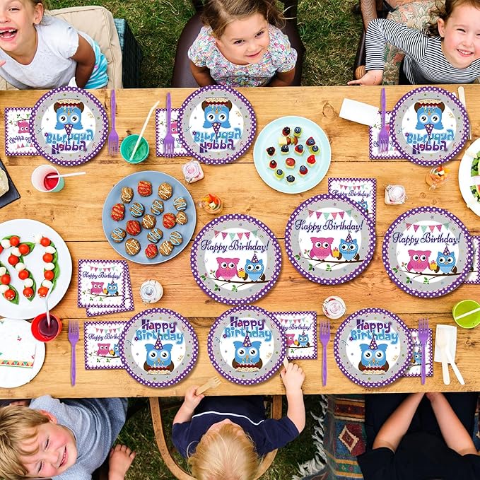 96Pcs Owl Birthday Party Supplies Owl Theme Paper Plates Napkins Animal Party Decorations Cute Owl Dinnerware Party Favor Boys Girls Baby Shower Tableware Serves 24