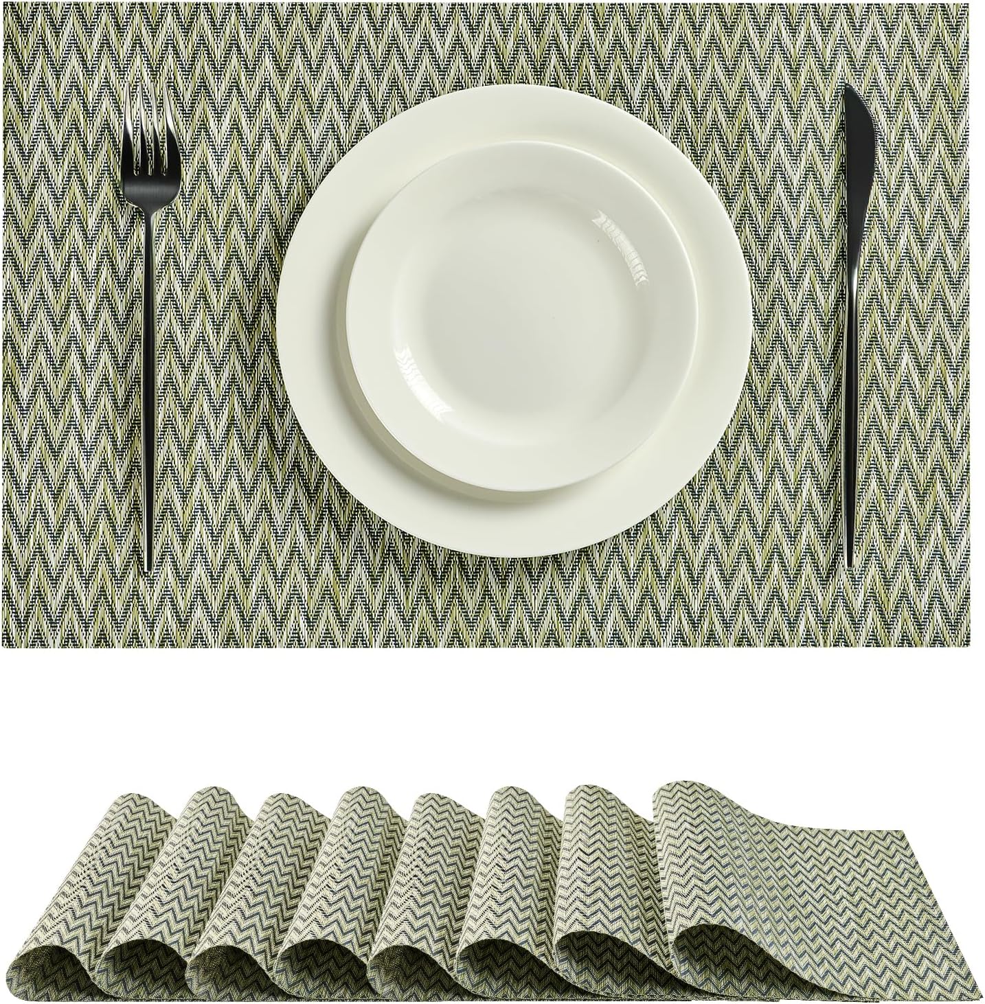 Leetaltree Green Placemats Set of 8 - Heat Resistant Non-Slip Place mats for Dining Table, Washable Durable PVC Vinyl Woven Table Mats（Green Zigzag, 8）