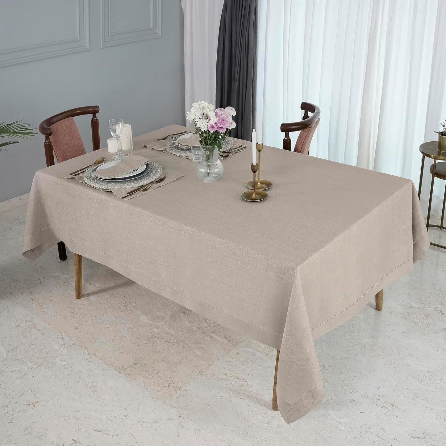 D'Moksha Homes Natural Linen Tablecloth for Rectangle Tables 60 x 102 Inch - Classic Hemstitch 100% Pure Linen Natural Table Cloth - Machine Washable Dining Tablecloth for Fall, Autumn and Halloween