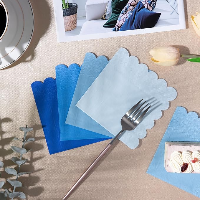 100 Pcs Blue Cocktail Napkins Folded 5 x 5 Scalloped Napkins Gradient Color Beverage Napkins Disposable Dessert Napkins for Birthday Party Supplies Wedding