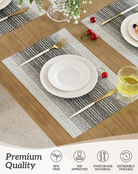 Leetaltree Black with White Woven Placemats Set of 8 - Heat Resistant Non-Slip Place mats for Dining Table, Washable Durable PVC Vinyl Woven Table Mats(Black with White, 8)