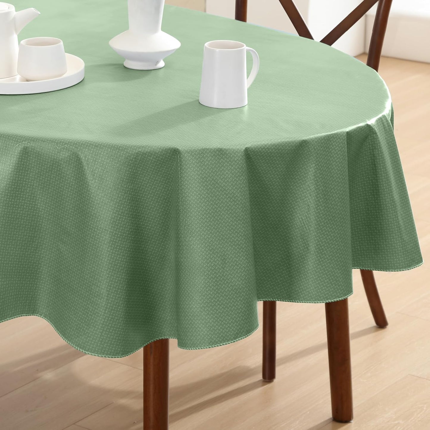 Newbridge Basketweave Vinyl Flannel Backed Tablecloth, 60 x 84 Inch Oval, Sage Green, Basket Weave Textured Indoor Outdoor Waterproof Table Cover for Patio, Kitchen, Dining