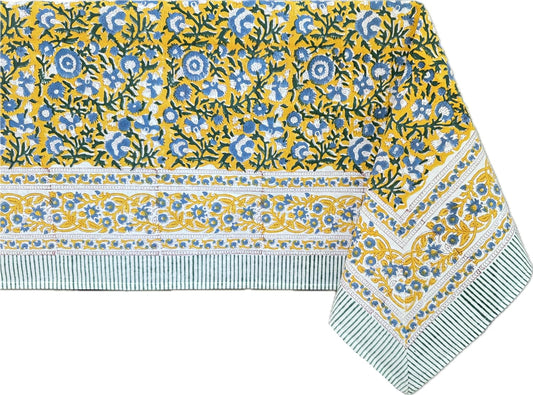 ATOSII Marigold Blue Yellow 100% Cotton Fall Tablecloth, Handblock Print Rectangle Table Cover for Kitchen Dining Linen I Parties, Weddings, Outdoors, Easter Table Decor 60 X 90 Inches I 6 Seater