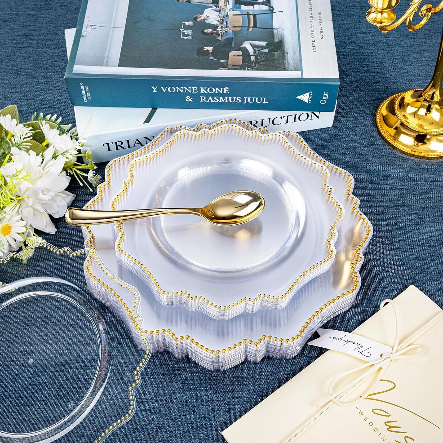 COLOSUS 100pcs Clear and Gold Plastic Plates Disposable Heavy duty Plastic Party Plates set Include 50 dinner plate and 50 dessert/salad plate for party/wedding