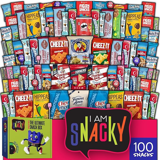 I AM Snacky - Halloween Trick or Treats Snack Box Variety Pack Care Package + Greeting Card - SNACKY'S PARTY PACK (100 Count) Birthday Sweet Treats Gift Basket, Candies Chips, Office Food Assortments
