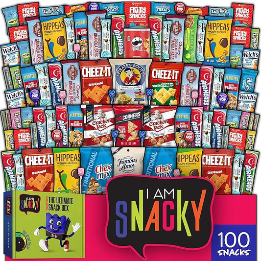 I AM Snacky - Halloween Trick or Treats Snack Box Variety Pack Care Package + Greeting Card - SNACKY'S PARTY PACK (100 Count) Birthday Sweet Treats Gift Basket, Candies Chips, Office Food Assortments