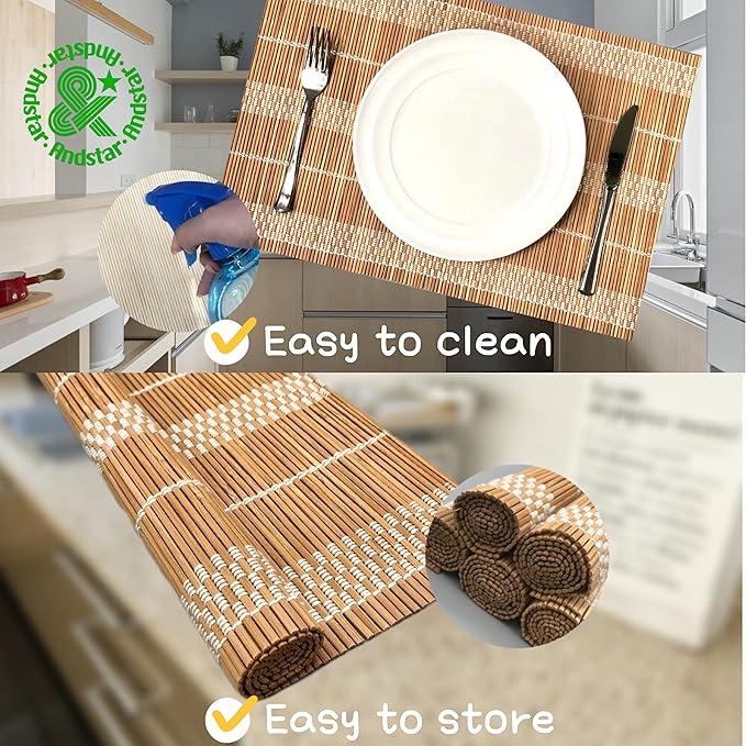 ANDSTAR Bamboo Placemats Set of 8, 17.7x11.8 Inch Brown with White Thread - Non-Slip & Heat Resistant, Easy Clean Woven Table Mats for Dining Room, Kitchen or Home Decor