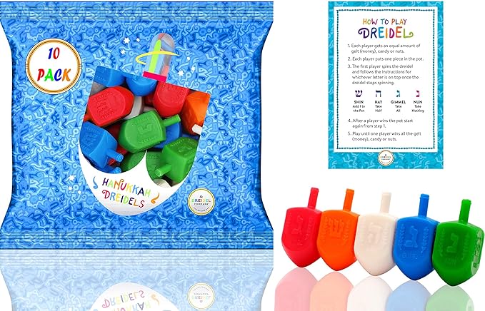 The Dreidel Company 10 Bulk Pack Multi-Color Plastic Hanukkah Dreidels with English Transliteration - Includes Game Instruction Cards (10-Pack)