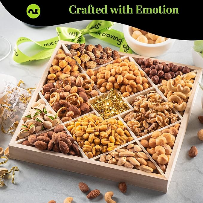 NUT CRAVINGS - Halloween Treats For Adults Mixed Nuts Gift Basket in Reusable Diamond Wooden Tray + Green Ribbon (12 Assortments) Holiday Xmas Christmas Food Arrangement Healthy Snack Care Package