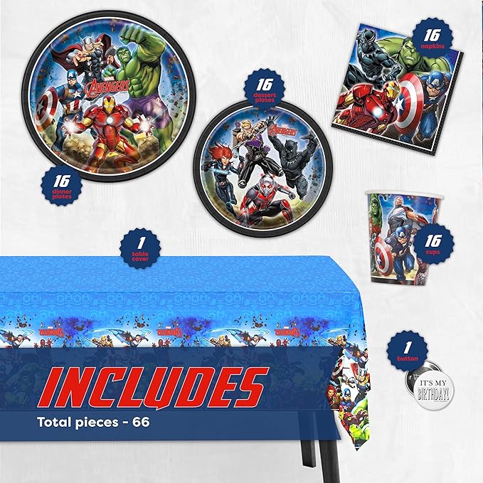 Marvel Avengers Party Supplies and Decorations for Superhero Birthday Party, Serves 16 Guests, Perfect for Girls and Boys, Easy Setup and Takedown with Plates, Napkins and Cups