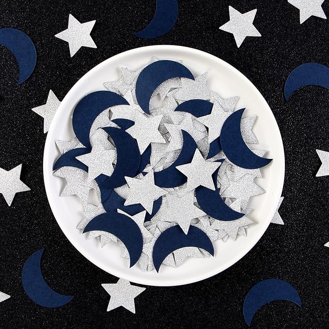 Navy-Blue Moon Silver Star Confetti - 300pcs Glitter twinkle little star Table Confetti,Ramadan Mubarak Decor Birthday Wedding Baby Shower Party Decorations Lasting Surprise