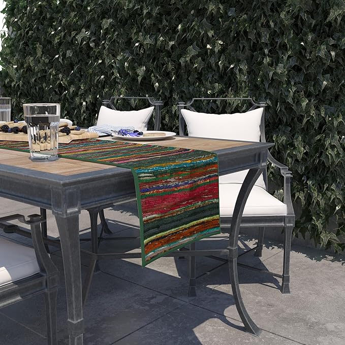 Trade Star Handloomed Table Placemat Reversible Bedside Runner Designed Area Rug Runner Decorative Upcycled Fabric Highly Durable Premium Quality Table Runner (Green)