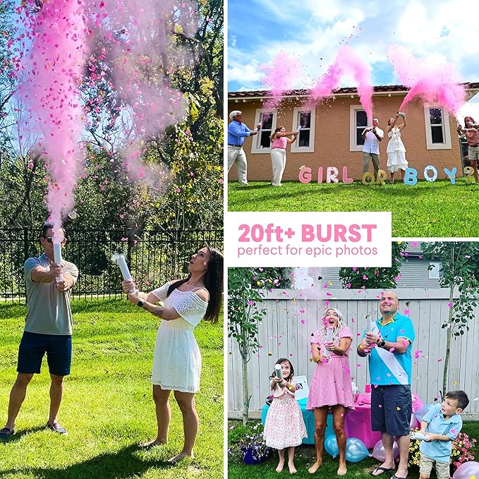 PrimePure Gender Reveal Confetti Cannon - Biodegradable Powder & Heart Shaped Confetti Poppers - Pink, 4 Pack - Baby Girl Gender Reveal Smoke Bombs - Powder Cannon Party Poppers Pink Party Supplies