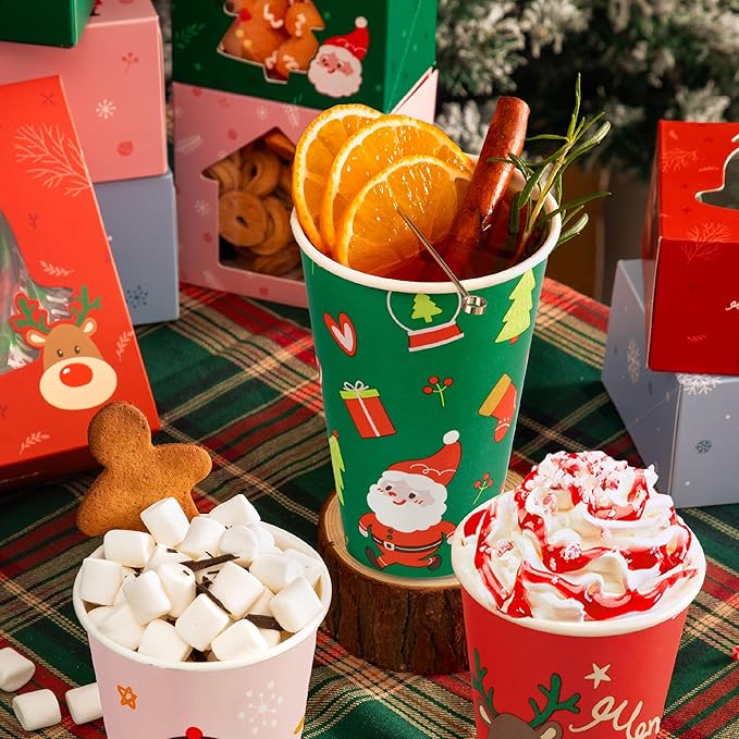 Fit Meal Prep 50 Pack 16 oz Christmas Disposable Coffee Cups, Durable Thickened Christmas Paper Cups for Hot Beverage Chocolate Tea Cocoa, Xmas Party Cups for Kids, Adult, Party, Holiday