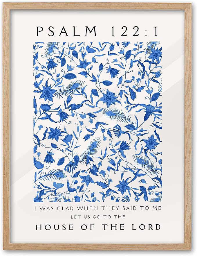 EcoHest OAK Wood Jesus Framed Wall Art, 12x16in Psalm 122:1 Bible Verse Christian Wall Art, Modern Blue Bedroom Decor For Living Room Bathroom Religious Gift 1Pack