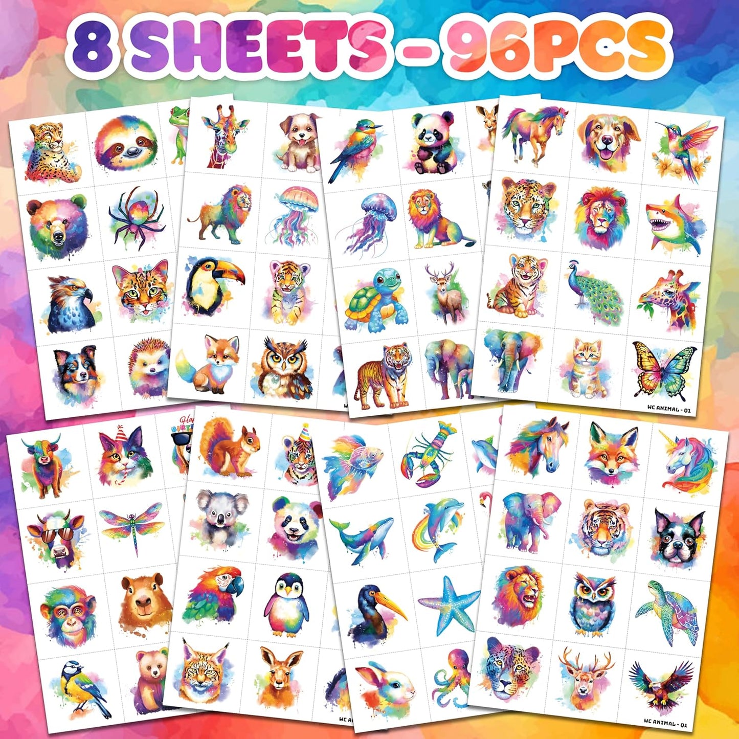 96 PCS Watercolor Animal Pre-Cut Temporary Tattoos for Kids | Super Cute Themed Birthday Party Favors, Supplies, Decorations, Animal Fake Tattoo Stickers, School Rewards Prizes & Gifts Boys & Girls