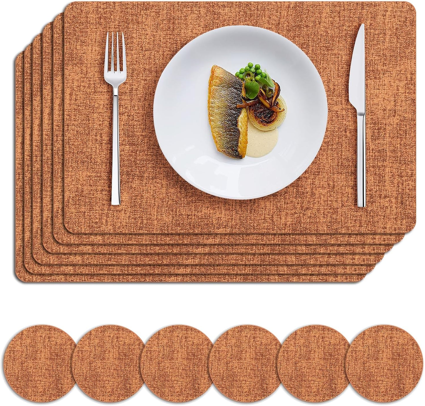 MOSAYT Faux Leather Placemats Set of 6, Heat Resistant Wipeable Washable Vinyl Place Mats with Coasters, Waterproof Oil Proof Table Mats for Kitchen Dining Party Indoor Outdoor, 12" x 18", Orange