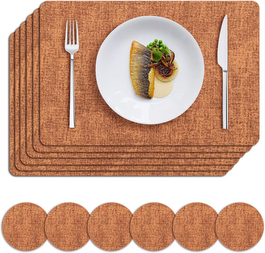 MOSAYT Faux Leather Placemats Set of 6, Heat Resistant Wipeable Washable Vinyl Place Mats with Coasters, Waterproof Oil Proof Table Mats for Kitchen Dining Party Indoor Outdoor, 12" x 18", Orange