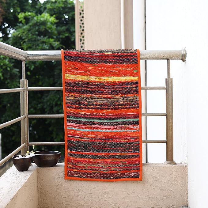 Trade Star Handloomed Bedside Runner Reversible Table Runner Table Placemat Premium Quality Highly Durable Decorative Upcycled Fabric Rug Runner (Orange)