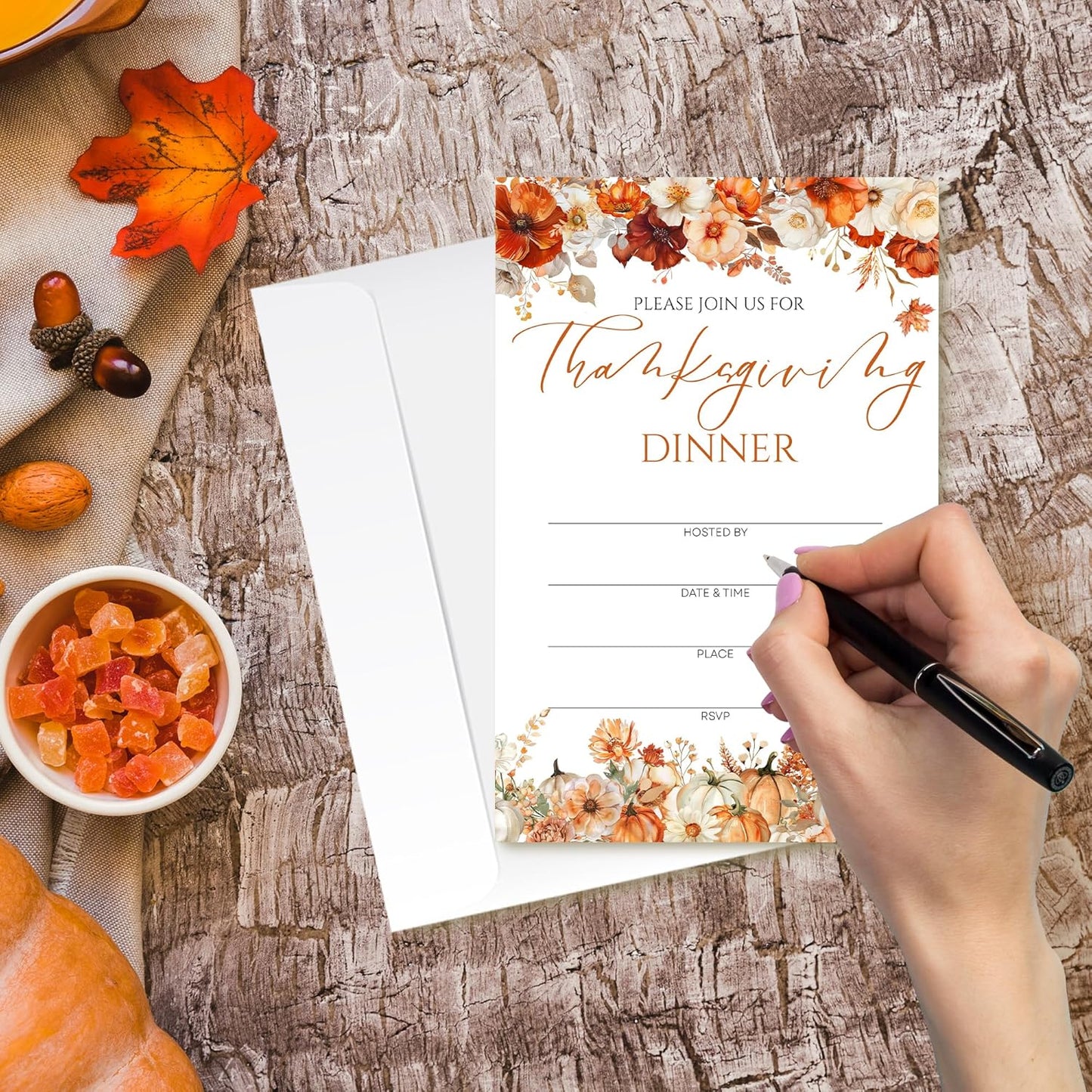 Thanksgiving Invitations - Floral Pumpkin Design Card with Envelopes And RSVP Cards - You're Invited 20Pcs Fill In Friendsgiving Invitations Cards For Family & Friends(4 x 6 Inch) (028)