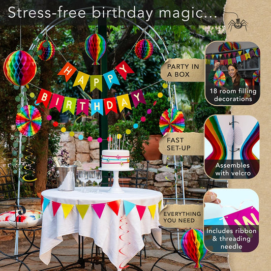 Premium Reusable Happy Birthday Decorations - Colorful Rainbow Birthday Decorations for Kids, Women, and Men - Multi-occasion Banner, Pennant Banner, Paper Fans - Party Decor by Itsy Bitsy Party Co