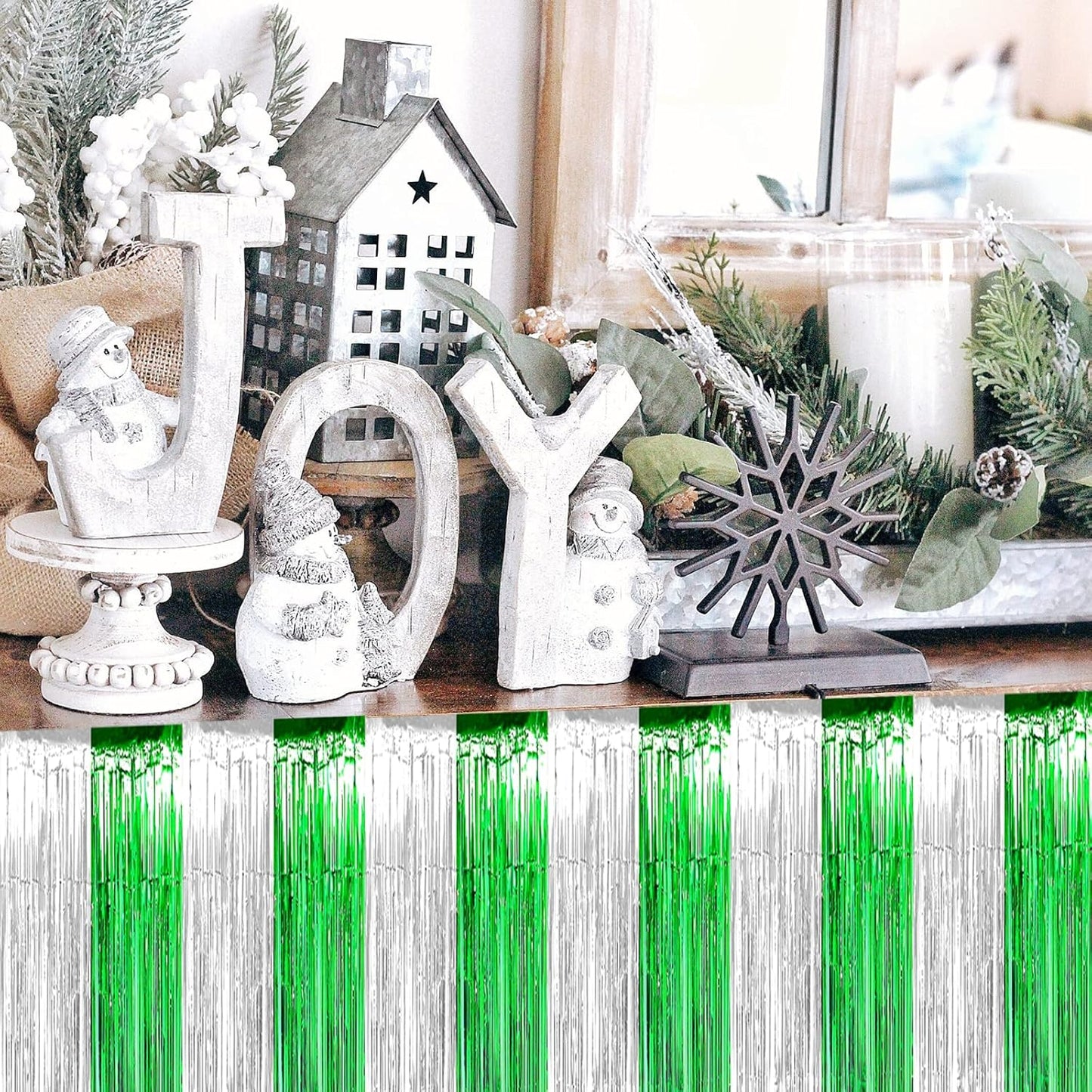 6 Pack 29x108 Inch Metallic Foil Fringe Table Skirts Banner for Tinsel Streamer Garland Curtains Backdrop for Parade Floats Wedding Birthday Mardi Gras, St Patrick Day Party Decorations(Silver Green)